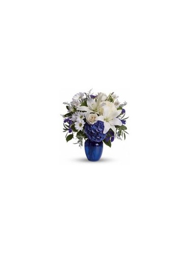 Σύνθεση λουλουδιών σε βάζο σε αποχρώσεις του μπλε για νεογέννητο αγοράκι